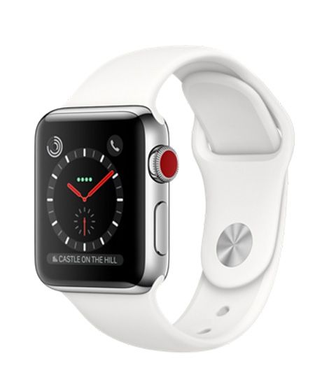 Apple iWatch Series 3 42mm Stainless Steel Case With Soft White Sport Band - Cellular (MQK82)