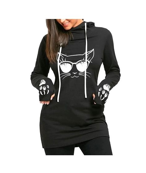 Ayesha's Collection Meow Print With Thumb Sleeves Hoodie For Women Black