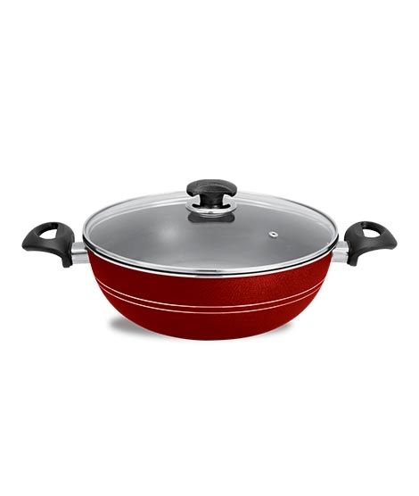 King Bazar Two Side Handles Non Stick Wok With Glass Lid Red 28 cm