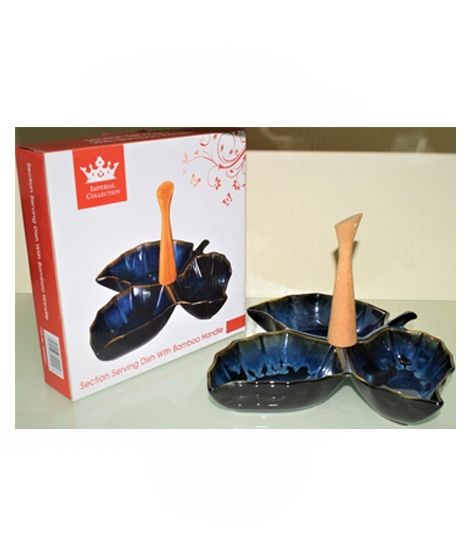 Easy Shop 3 Partition Ceramic Dish With Wooden Handling Black