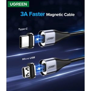 UGREEN Magnetic 3A Dual Socket Type-C + Micro Fast Charging Cable 1M Black