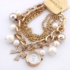 Pearl Bracelet Watch For Women and Girls- Golden