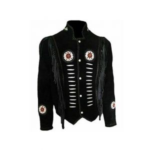 Toor Traders Handmade Fringe Leather Jacket For Men - Black-Medium