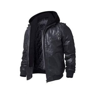 Toor Traders Biker Leather Jacket With Removable Hood For Men-Black-Small
