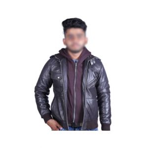 Toor Traders Biker Leather Jacket With Removable Hood For Men-Brown-Small