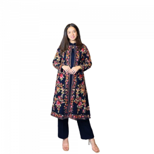 Rg Shop Embroidered Full Heavy Gown With Sleeveless Inner And Trouser 3-Pec Suit-Blue