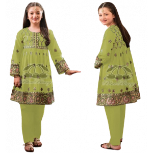 Rg Shop Screen Printed Frock for Girls-Green