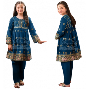 Rg Shop Screen Printed Frock for Girls-Blue