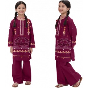 Rg Shop Embroidered Kid’s 2-Piece Suit for Girl-Maroon