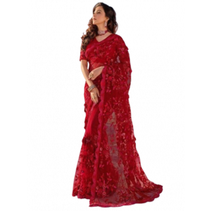 Zr Collection Indian Unsititched Net Saree Collection-Red