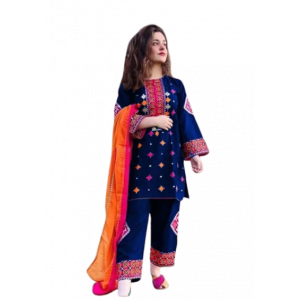 RG Shop 2 PC Embroidery Shirt &amp; Trouser for Women.-Blue