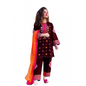 RG Shop 2 PC Embroidery Shirt &amp; Trouser for Women.-Red