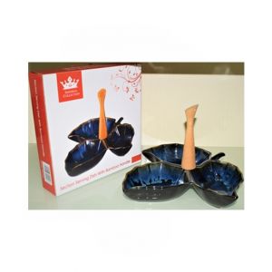 Easy Shop 3 Partition Ceramic Dish With Wooden Handling Black