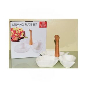 Easy Shop 3 Partition Ceramic Dish With Wooden Handling White