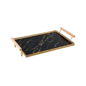 Easy Shop Frame Glass Serving Tray With Golden Metal Handle-Black