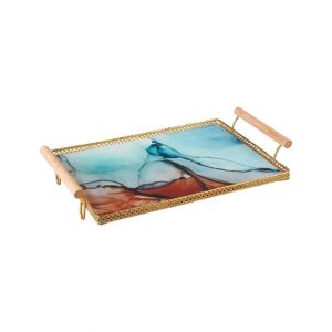 Easy Shop Frame Glass Serving Tray With Golden Metal Handle-Blue