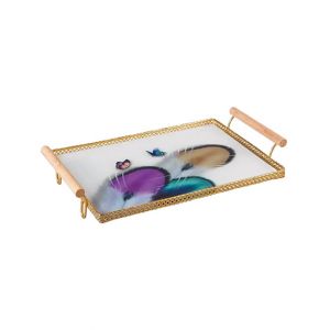 Easy Shop Frame Glass Serving Tray With Golden Metal Handle-Purple