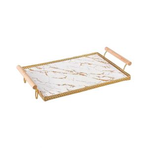 Easy Shop Frame Glass Serving Tray With Golden Metal Handle-White