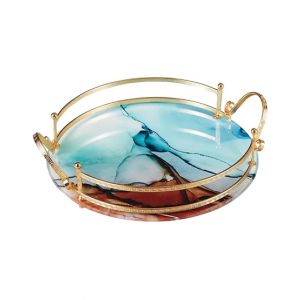 Easy Shop Fringe Frame Round Glass Serving Tray With Golden Metal Handle-Blue