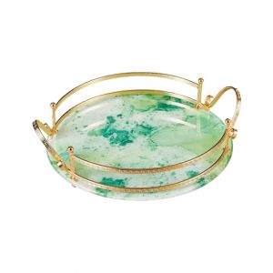 Easy Shop Fringe Frame Round Glass Serving Tray With Golden Metal Handle-Green