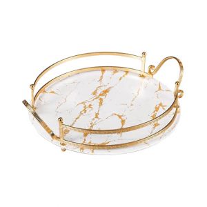 Easy Shop Fringe Frame Round Glass Serving Tray With Golden Metal Handle-Gold