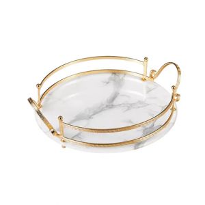 Easy Shop Fringe Frame Round Glass Serving Tray With Golden Metal Handle-White