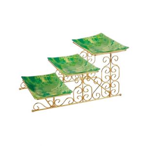 Easy Shop Three Floor Glass Serving Dish Set with Golden Stand-Green