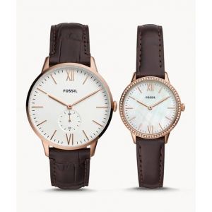 Fossil Three-Hand Leather Couple Watch Brown (FS5564SET)