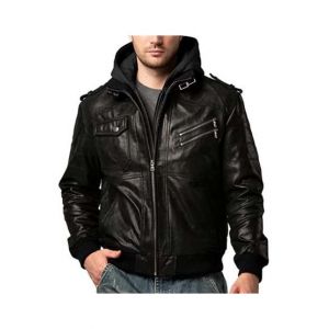 Toor Traders Leather Motorcycle Jacket Men with Removable Hood Black-Large