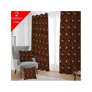 Maguari Taffeta Embriodery Curtain With Cushion Cover 2 Pcs Brown Leafs