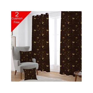 Maguari Taffeta Embriodery Curtain With Cushion Cover 2 Pcs Dark Brown