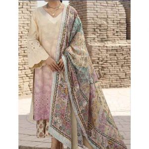 Mizaj Butter Cream Embroidered Unstitched Lawn 3 Piece Suit (TD-008)