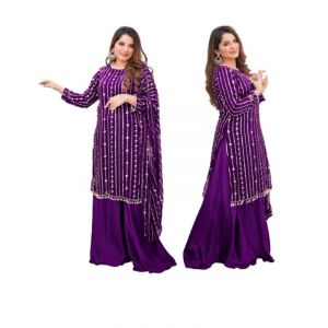 Azhari Traders Embroidery Suit Border And Neck With Emb Dupatta 3pcs-Purple