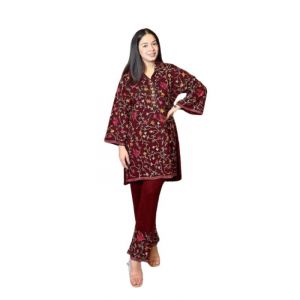 Azhari Traders Multi Shirt With Embroidery Trouser 2Pcs  -Red