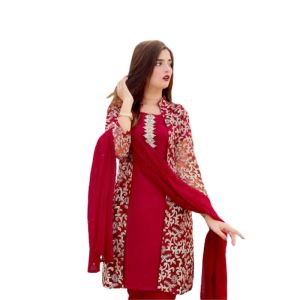 Azhari Traders Fully Embroidered Suit With Emb Inner, Plain Dupatta Trouser 4piece-Red