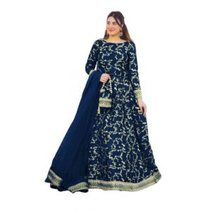 Azhari Traders Embroidered Top With Long Flare 4 Piece Suit -Blue