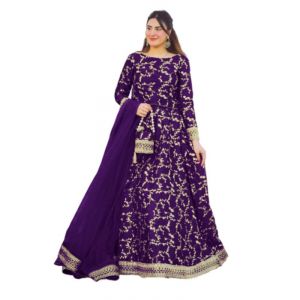 Azhari Traders Embroidered Top With Long Flare 4 Piece Suit -Purple