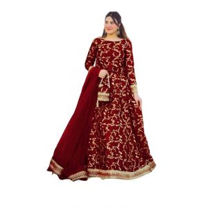 Azhari Traders Embroidered Top With Long Flare 4 Piece Suit -Red