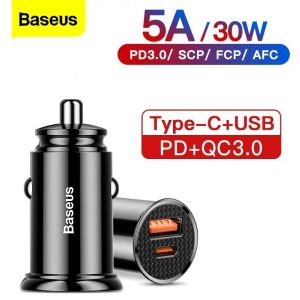 BASEUS 30W Dual Ports PD + QC USB Fast Charging Car Charger - Black