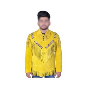 Toor Traders Handmade Fringe Leather Jacket For Men - Yellow-Medium