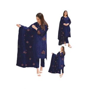 ZamZam 3pc Flower Embroidery Dress For women-Dark Blue