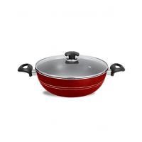 King Bazar Two Side Handles Non Stick Wok With Glass Lid Red 30 cm