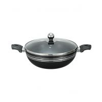 King Bazar Two Side Handles Non Stick Wok With Glass Lid Black 30 cm
